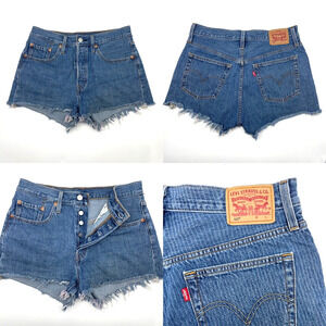 2019 Levi's 501 Medium Wash Pinstripe High Rise Raw Hem Denim Shorts W28 30x2.5"